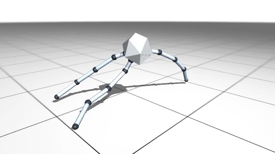 A simulated three-legged robot walking on flat ground